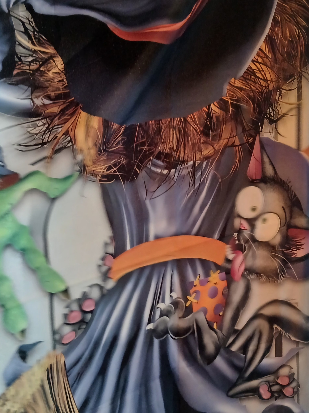 Halloween Door Decor Playful Cat Illustration in Blue, Black Orange